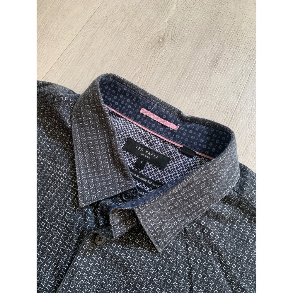 Ted Baker London Mens Size 7 Charcoal Grey Geometric‎ Print Stretch Button Down
